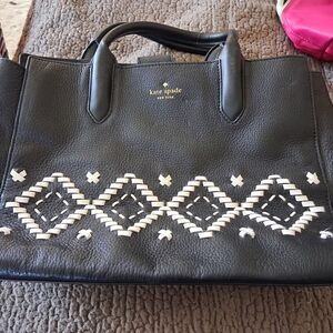 kate spade Black Leather Satchel with White Woven Diamond Accents